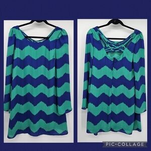 Gianni Bini green and blue place back flowy sleeve a-line dress women's medium